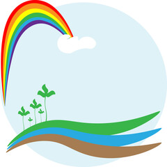 Abstraction blooming planet Earth with a rainbow white cloud, the concept of a green planet, vector. Rainbow over landscape and river