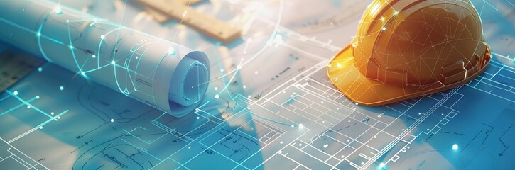 construction helmet, construction plan background in blue tones