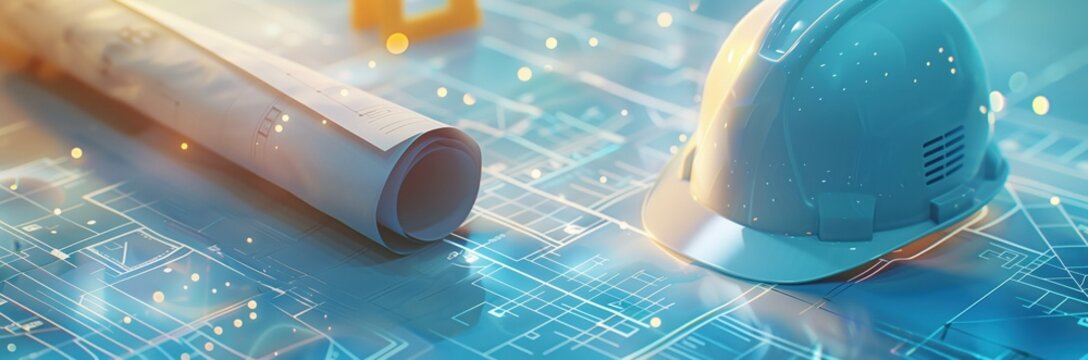 construction helmet, construction plan background in blue tones - Powered by Adobe