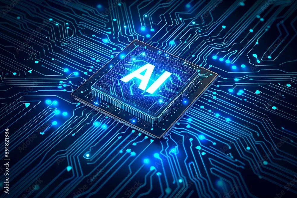 Wall mural advanced ai chip cpu on a circuit board illuminated with blue lights