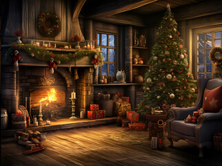 Naklejka premium christmas tree in front of fireplace