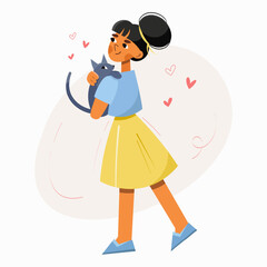 A girl lovingly hugs her cat. The concept of the relationship between people and their pets, caresses, hugs, shelters. Cartoon flat vector illustration.