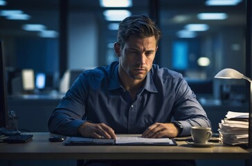 Fototapeta premium Man sits at desk in dimly lit office reviewing paperwork late at night
