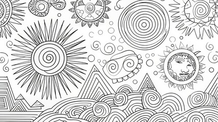 Ethnic-inspired coloring page with line art and abstract designs. Hand-drawn elements in vector format. 
