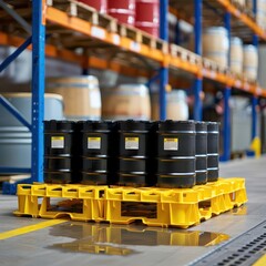 A polyethylene spill containment pallet holding barrels, ensuring safety and environmental protection for the surrounding area.