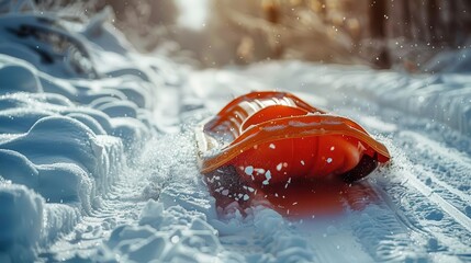 Obraz premium A polyethylene sled sliding down a snowy hill, proving its resilience in winter fun.