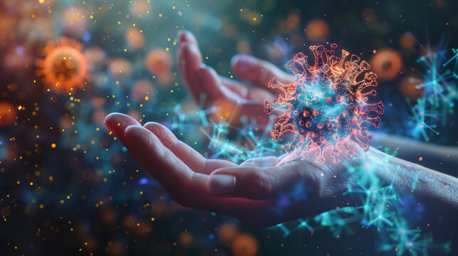 Digital analysis of chromosome DNA testing for human diseases, including COVID-19, depicted in a 3D illustration with space for text and creative elements.