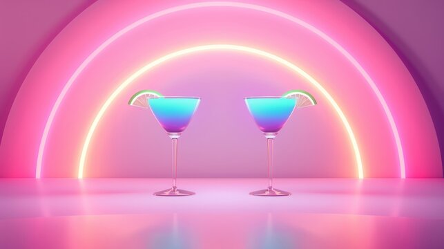 A vibrant neon-lit bar setting with glowing drink glasses and barware, creating a lively and energetic atmosphere suitable for nightlife themes.