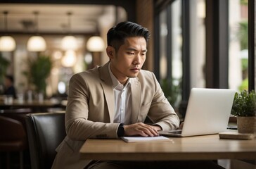 Fototapeta premium Focused Asian businessman sits at table working on laptop in cafe