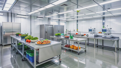 A modern food quality control laboratory stands poised, equipped with advanced testing equipment and sensory evaluation booths, ready to guarantee food safety and excellence.