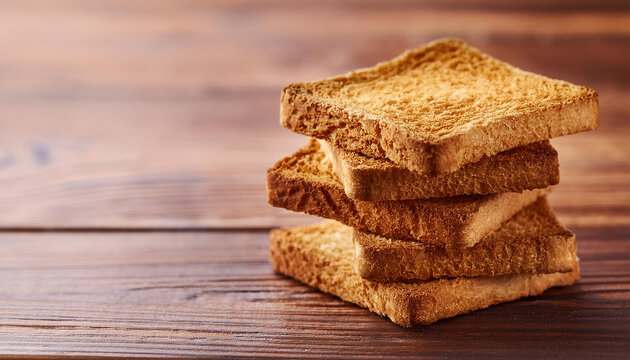 Square bread rusks pile, whole wheat toast slices on wooden table. Tasty food.