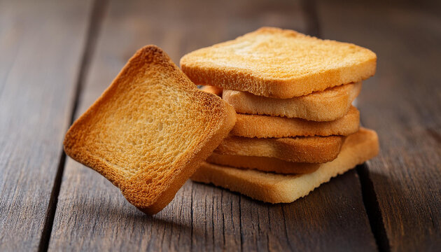 Square bread rusks pile, whole wheat toast slices on wooden table. Tasty food.