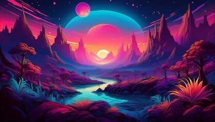 An alien planet with bioluminescent plants, strange rock formations, and a double sunrise casting eerie shadows.