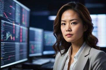 Fototapeta premium Young Asian woman with dark hair and serious expression while sitting in front of computer screens