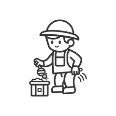 Fototapeta premium little boy beekeeper in action minimalist line art icon logo symbol