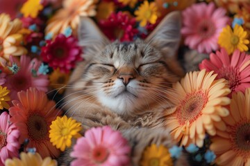 Cat's face surrounded by a bunch of flowers. Cute greeting card with pets and flowers. Top view. Spring is coming