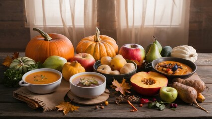 A table with bowls of soup and other food on it, AI
