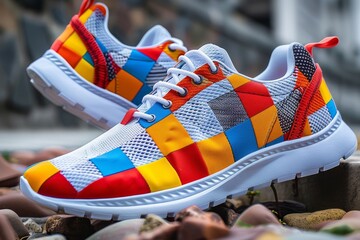 Closeup of a pair of colorful men running shoes with a patchwork design