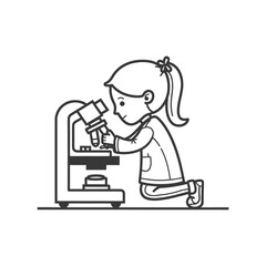 little girl scientists looking through microscope minimalist line art icon logo symbol