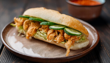 Banh Mi sandwich with shredded chicken, cucumber and chili sauce. Vietnamese cuisine. Tasty food.