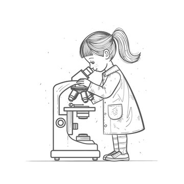 recommend clip art: little girl scientists looking through microscope minimalist line art icon logo symbol