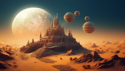 Obraz premium A surreal desert landscape with floating islands, a giant moon on the horizon, and an ancient temple partially buried in the sand.