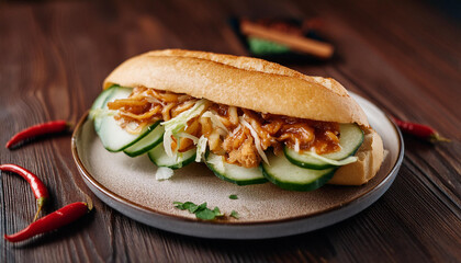Banh Mi sandwich with shredded chicken, cucumber and chili sauce. Vietnamese cuisine. Tasty food.