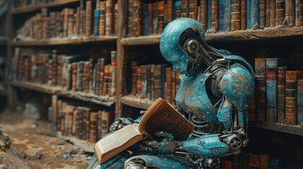 Robot Reading in Antique Library - A futuristic robot engrossed in reading a book in an antique library, blending technology with classic literature.