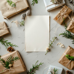 Blank Holiday Card with Wrapped Gifts and Greenery