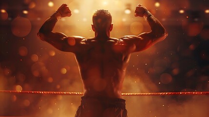 A kickboxer celebrating a hard-fought victory, their arms raised in triumph.