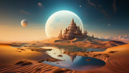 Obraz premium A surreal desert landscape with floating islands, a giant moon on the horizon, and an ancient temple partially buried in the sand.