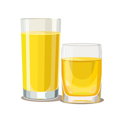 Full glasses of yellow juice isolated on white background. Vector illustration in flat style with drink. Clipart for card, banner, flyer, poster design