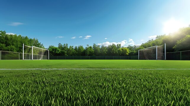 A lush green soccer field with perfectly manicured grass and white goalposts under a clear blue sky.