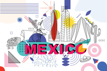 Typography word "Mexico City" branding technology concept. Collection of flat vector web icons, culture travel set, famous architectures and specialties detailed silhouette. Mexican famous landmark.
