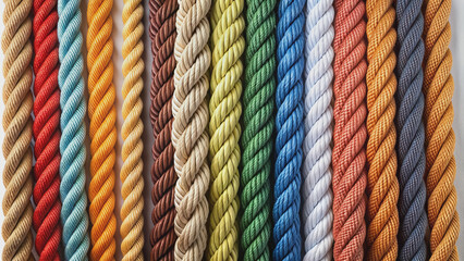 Isolated on a clean white background, a varied set of ropes in different textures, colors, and thicknesses are neatly arranged in a visually appealing composition.