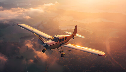 Fototapeta premium Private Small airplane. Small Aircraft in fly action above Summer mountains background. Hight view. Natural Morning light and shadows. Sunrise time.