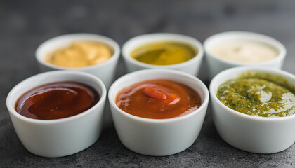 Flavorful sauces in white porcelain bowls on dark stone background. Homemade sauces for food.