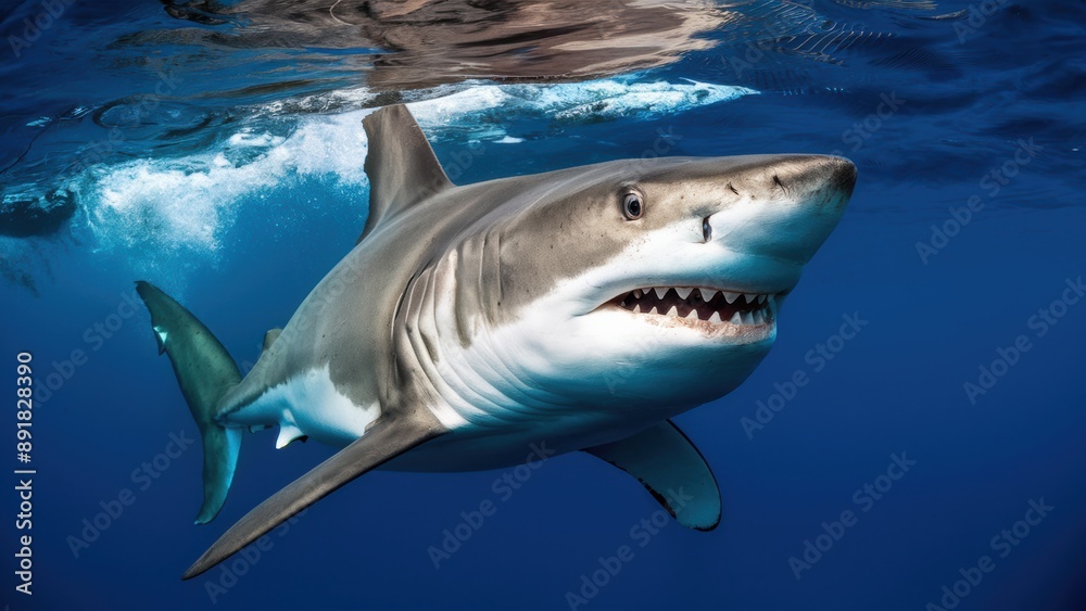 Poster a shark swimming in the water with its mouth open, ai