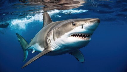 Fototapeta premium A shark swimming in the water with its mouth open, AI