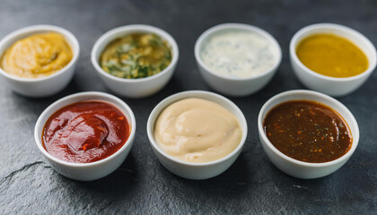 Flavorful sauces in white porcelain bowls on dark stone background. Homemade sauces for food.