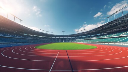 A track and field stadium with a bright red running track and green infield, surrounded by empty stands.