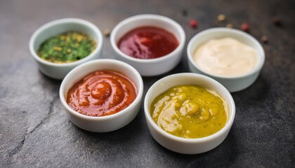 Flavorful sauces in white porcelain bowls on dark stone background. Homemade sauces for food.