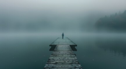 Solitary Figure on Wooden Dock Extending Into Foggy Lake
