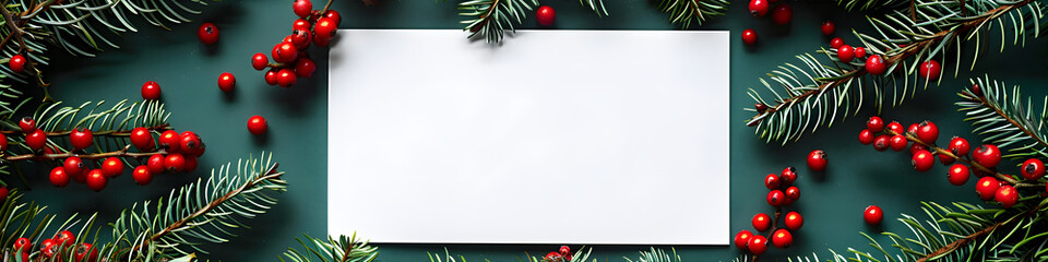 Obraz premium A festive Christmas and New Year empty paper blank surrounded by fir branches, red berries and pinecones. Merry Christmas text mock up. Colorful decorations around white paper. Flat lay. 