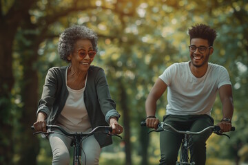 Obraz premium Elderly african american woman and young african american man riding bicycles in a park. Concept for active ageing, fitness, and outdoor recreation, perfect for promoting a healthy lifestyle and senio