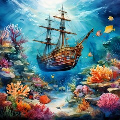 Fototapeta premium A serene underwater scene featuring a vibrant coral reef, diverse marine life, and a sunken pirate ship in the background.