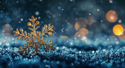 Fototapeta premium Golden Snowflake Ornament on Blue Sparkle Background