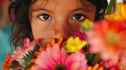 Naklejka premium A close-up of a child holding a bouquet of colorful flowers