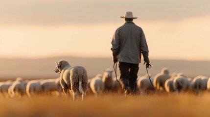 A shepherd guides sheep through a golden field at sunset, showcasing the harmony between nature and livestock.