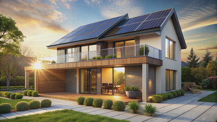 3D rendering of a modern house with solar panels on the roof and sunlight, exterior view of a two story